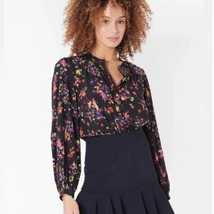 Veronica Beard Gil Black Floral Long Sleeve Silk Buttoned Blouse
